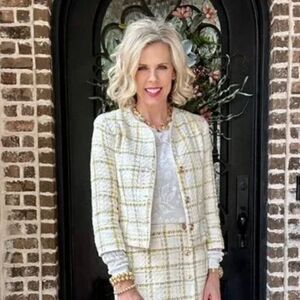 Cabi Coco Tweed Boucle Blazer Jacket - Ivory/Yellow/Tan M